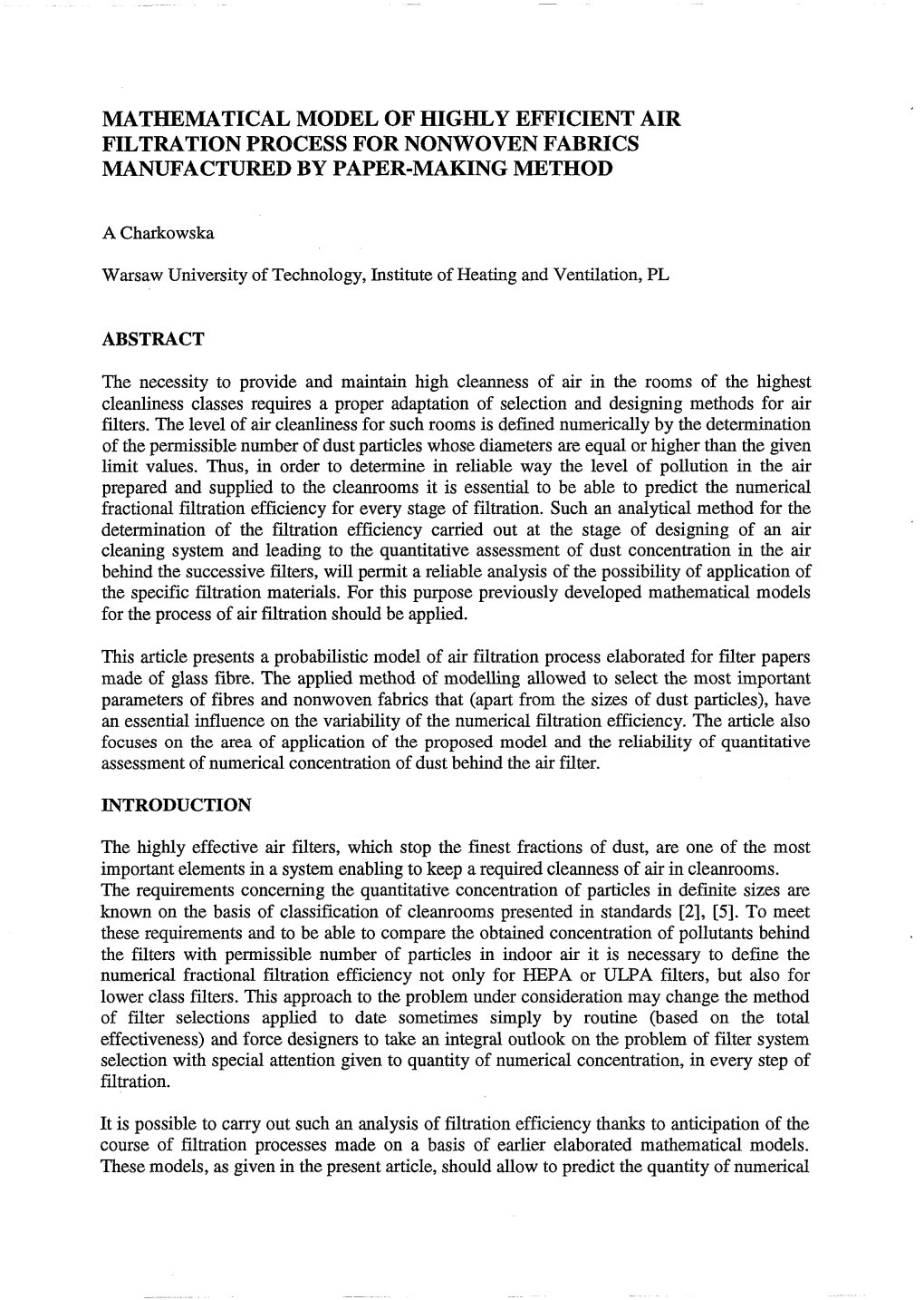 Mathematical Model of Highly Efficient Air Filtration Process for Nonwoven Fabrics Manufactured by Paper-Making Method