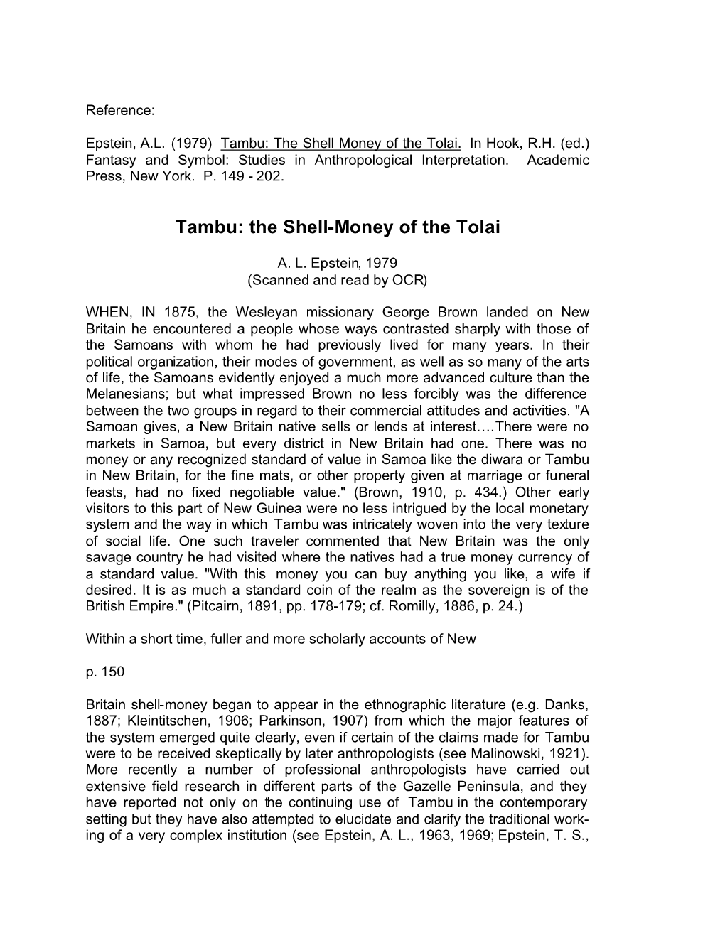 Tambu: the Shell-Money of the Tolai