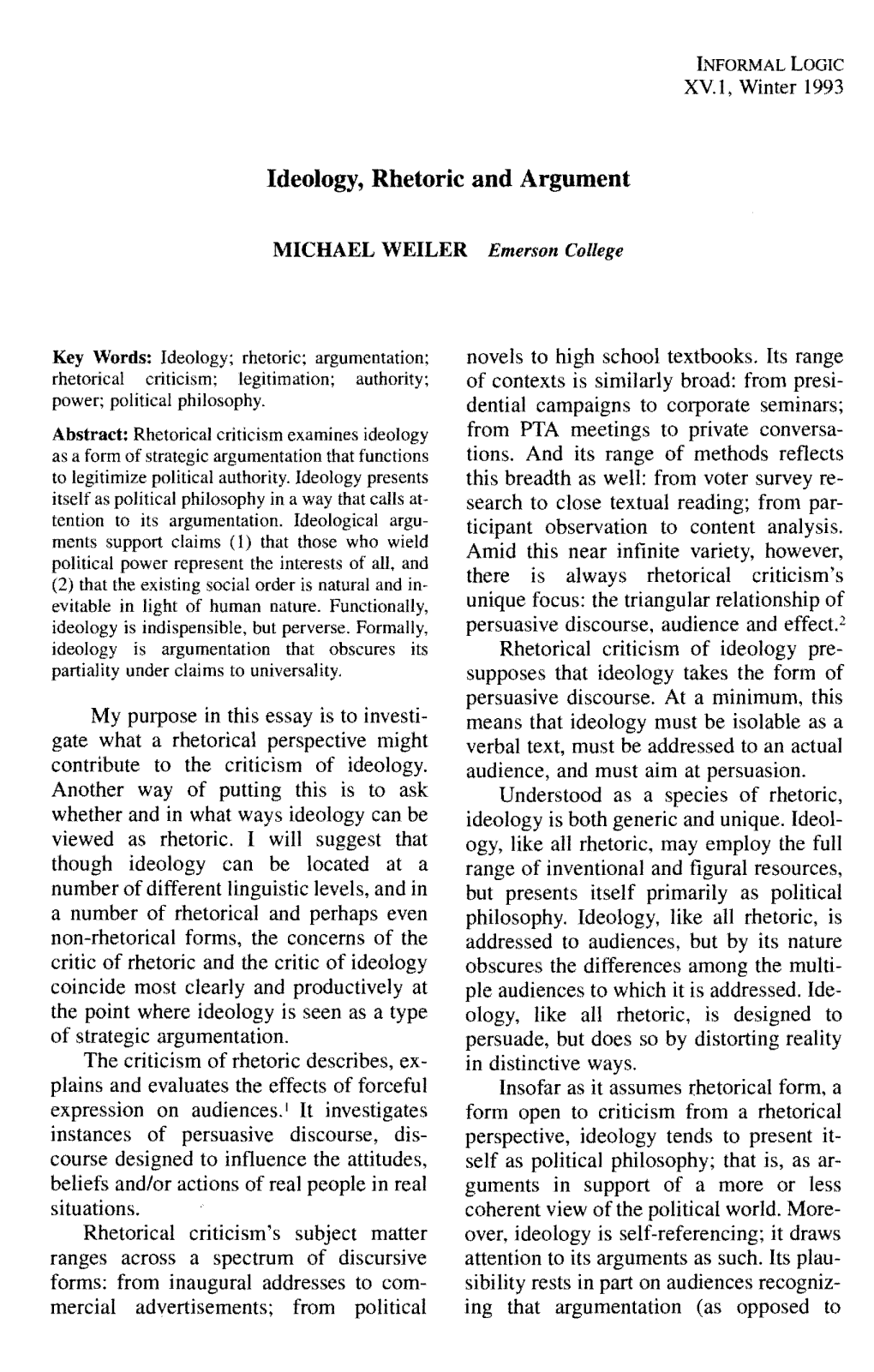 Xv. I , Winter 1993 Ideology, Rhetoric and Argument