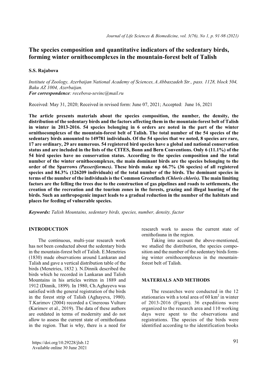 The Species Composition and Quantitative Indicators of the Sedentary Birds, Forming Winter Ornithocomplexes in the Mountain-Forest Belt of Talish