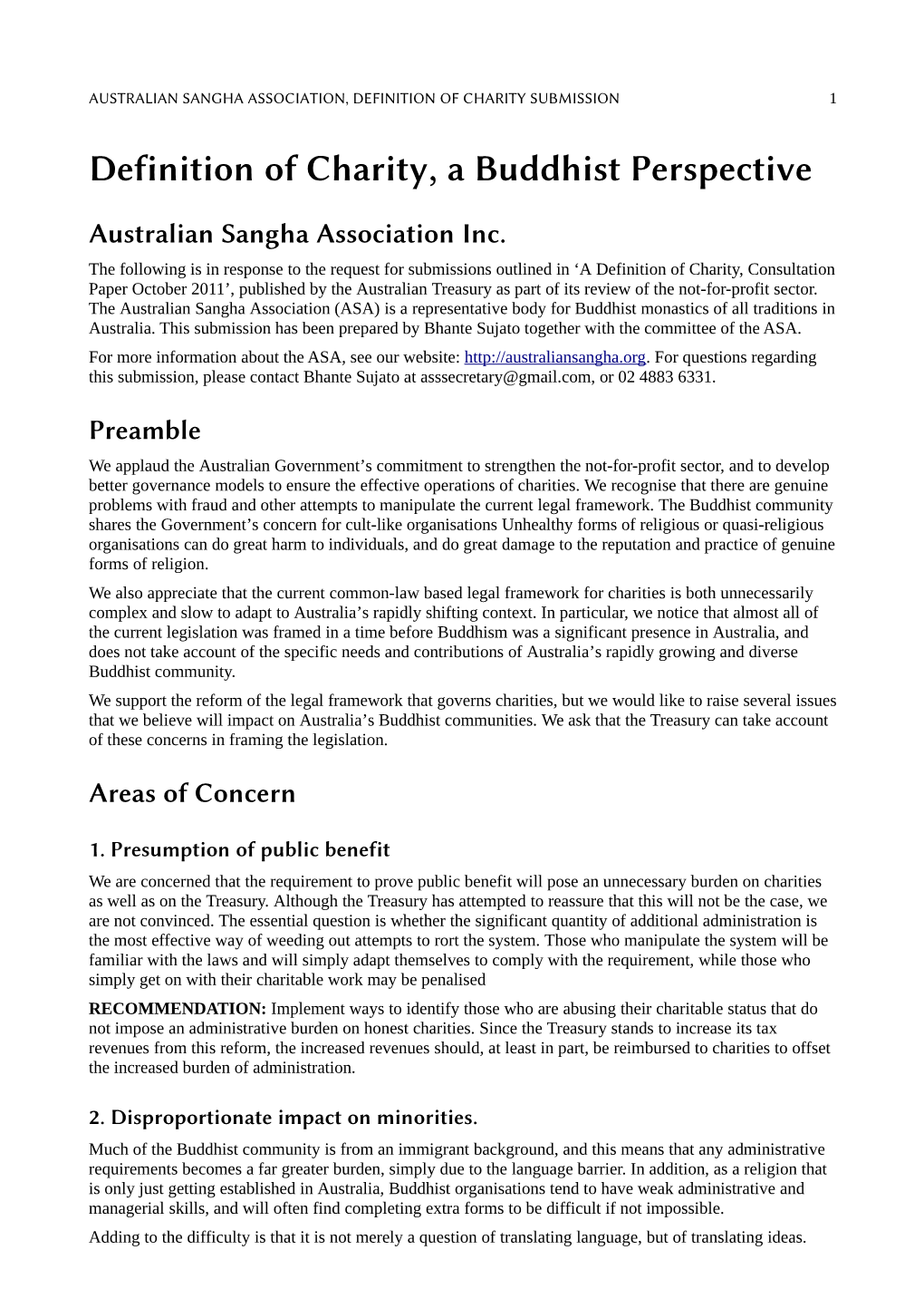 Australian Sangha Association, Definition of Charity Submission 1
