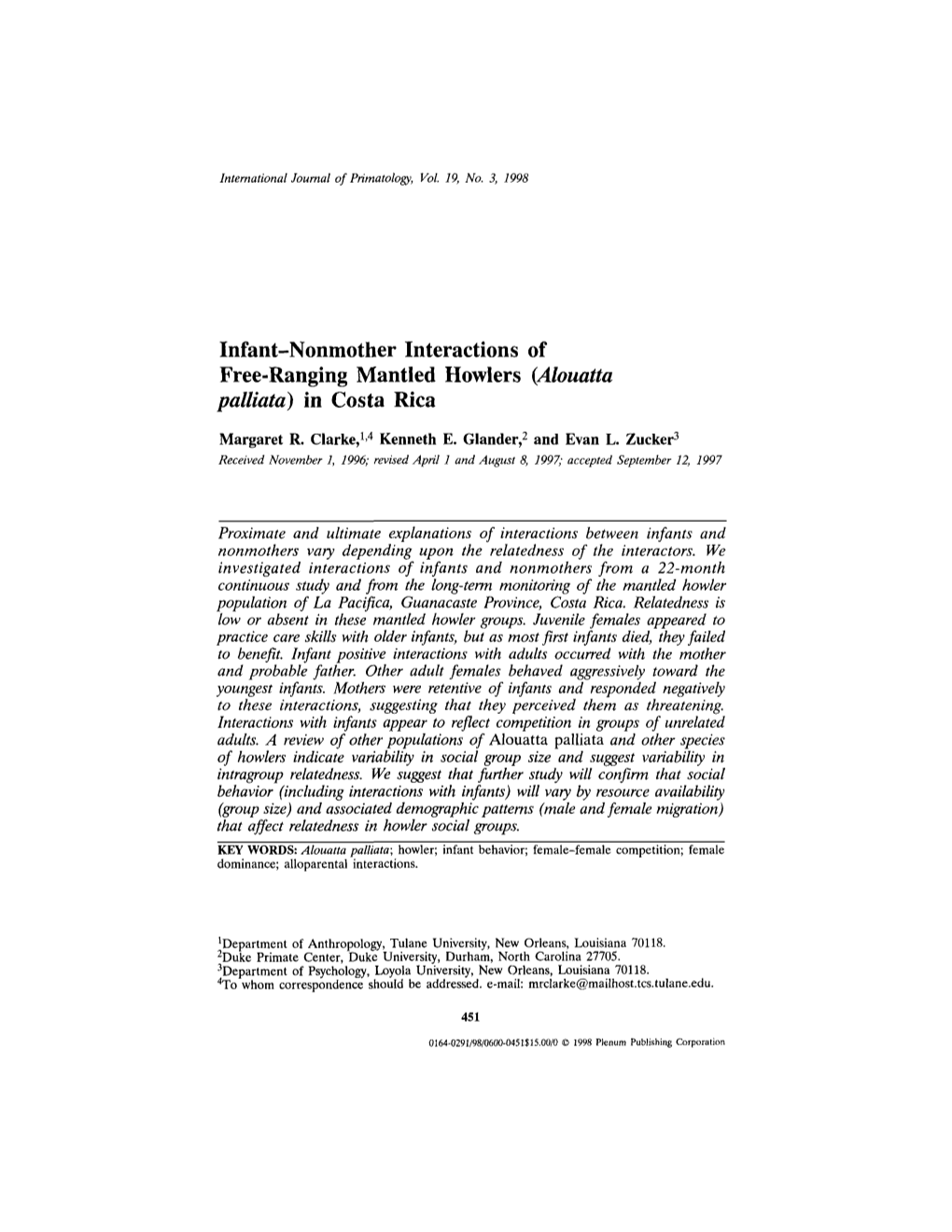 Infant-Nonmother Interactions of Free-Ranging Mantled Howlers (Alouatta Palliata) in Costa Rica