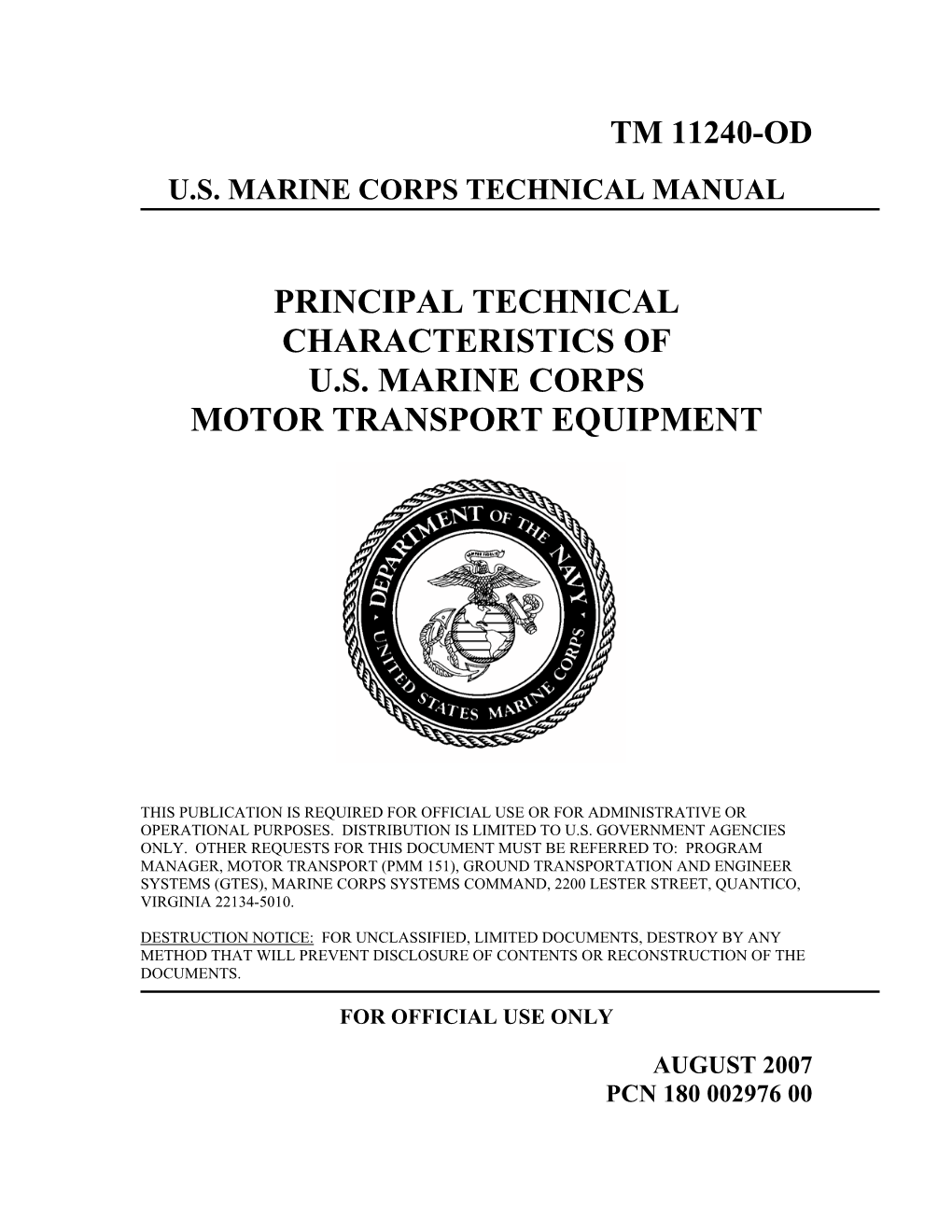 Technical Characteristics of Us Marine Corps Motor Transport Equipment