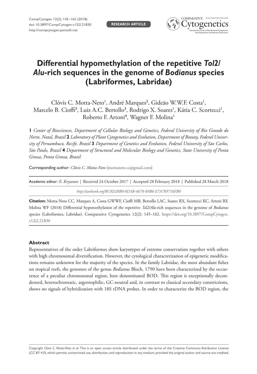 Differential Hypomethylation of the Repetitive Tol2/ Alu-Rich Sequences in the Genome of Bodianus Species (Labriformes, Labridae)