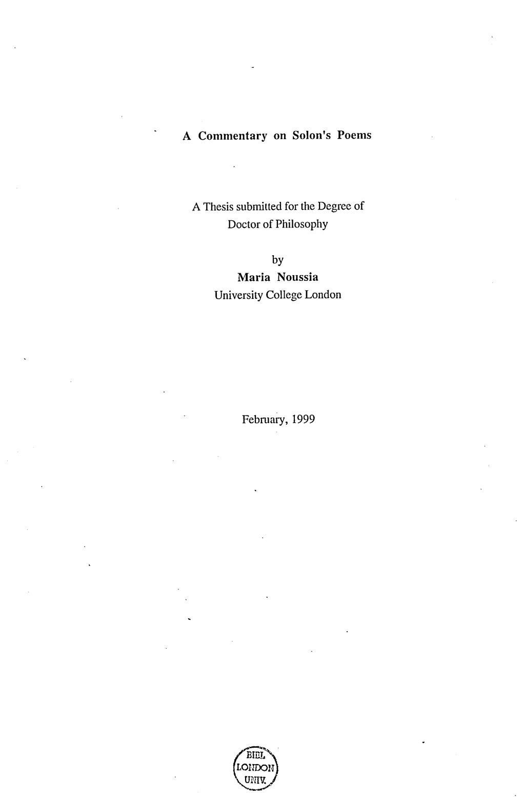 A Commentary on Solon's Poems a Thesis Submitted for the Degree Of