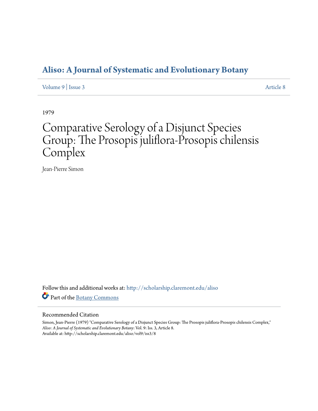 Comparative Serology of a Disjunct Species Group: the Prosopis Jvliflora-Prosopis Chilensis Complex
