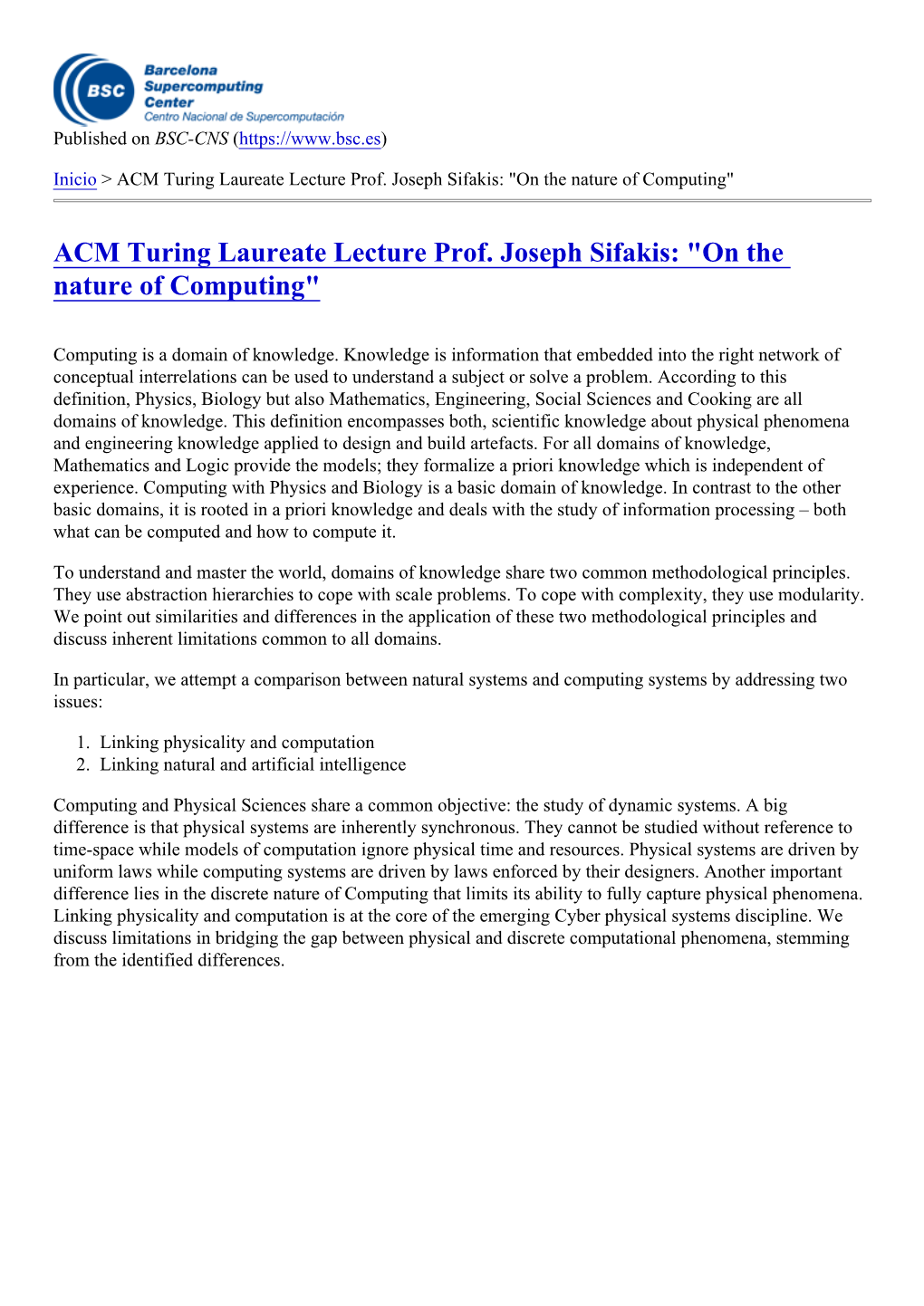 ACM Turing Laureate Lecture Prof. Joseph Sifakis: "On the Nature of Computing"