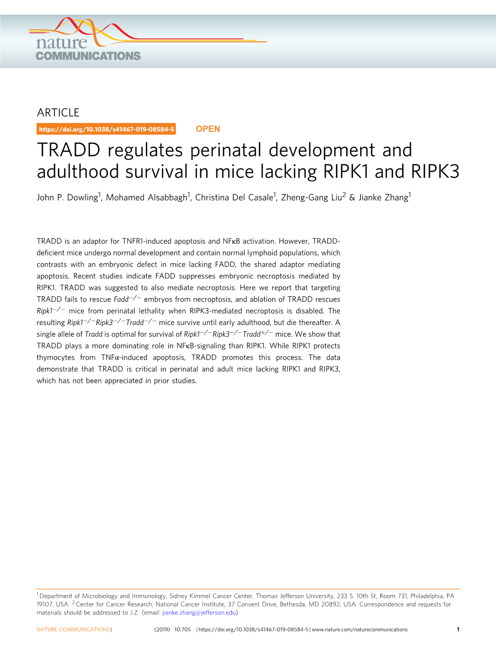 TRADD Regulates Perinatal Development and Adulthood Survival in Mice Lacking RIPK1 and RIPK3