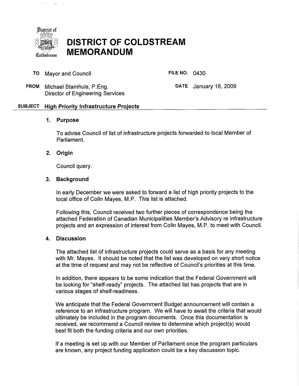 DISTRICT of COLDSTREAM MEMORANDUM (Eolflstromi