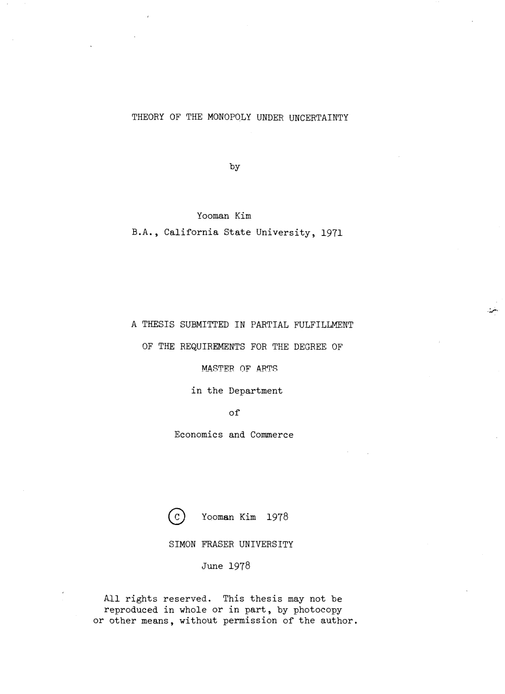 Theory of the Monopoly Under Uncertainty / by Yooman