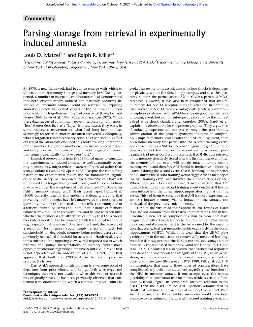 Parsing Storage from Retrieval in Experimentally Induced Amnesia Louis D