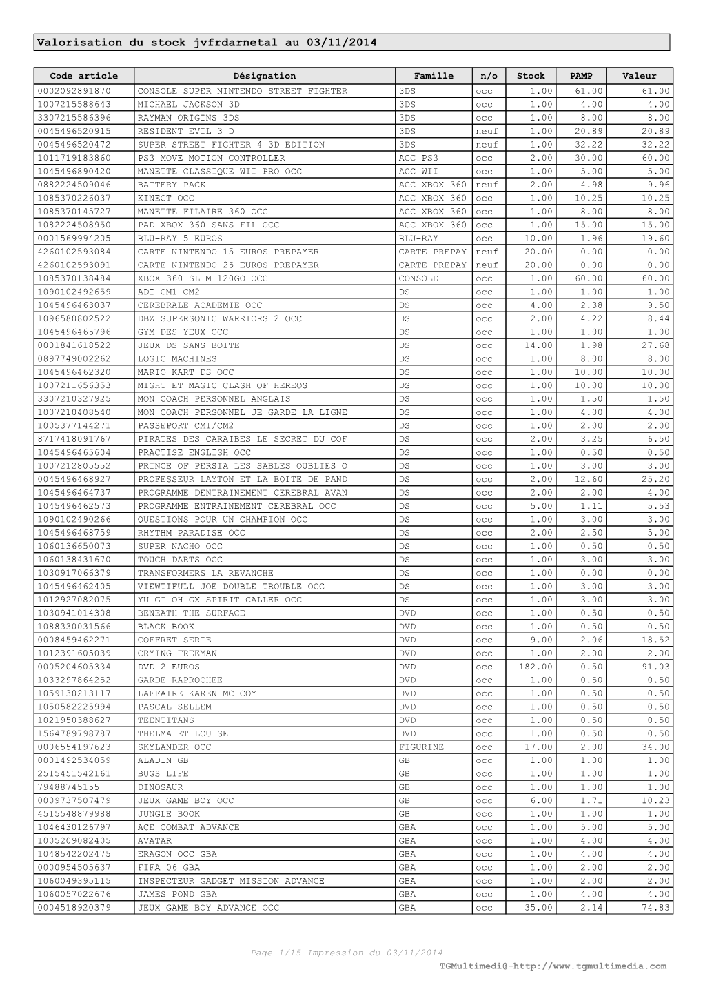 Valorisation Du Stock Jvfrdarnetal Au 03/11/2014