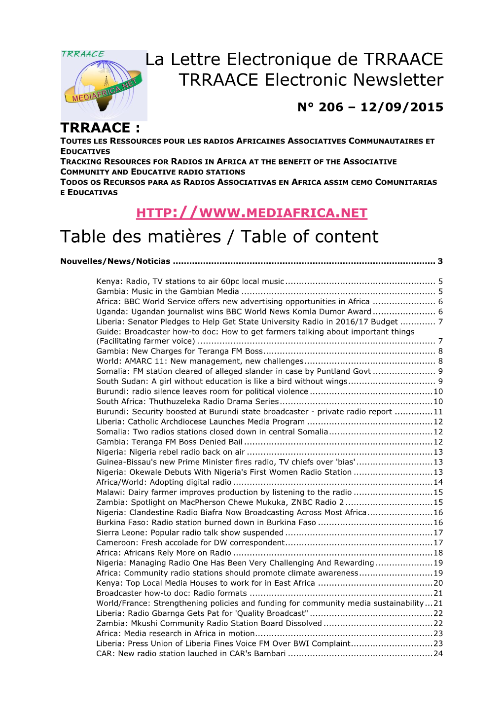 La Lettre Electronique De TRRAACE TRRAACE Electronic Newsletter