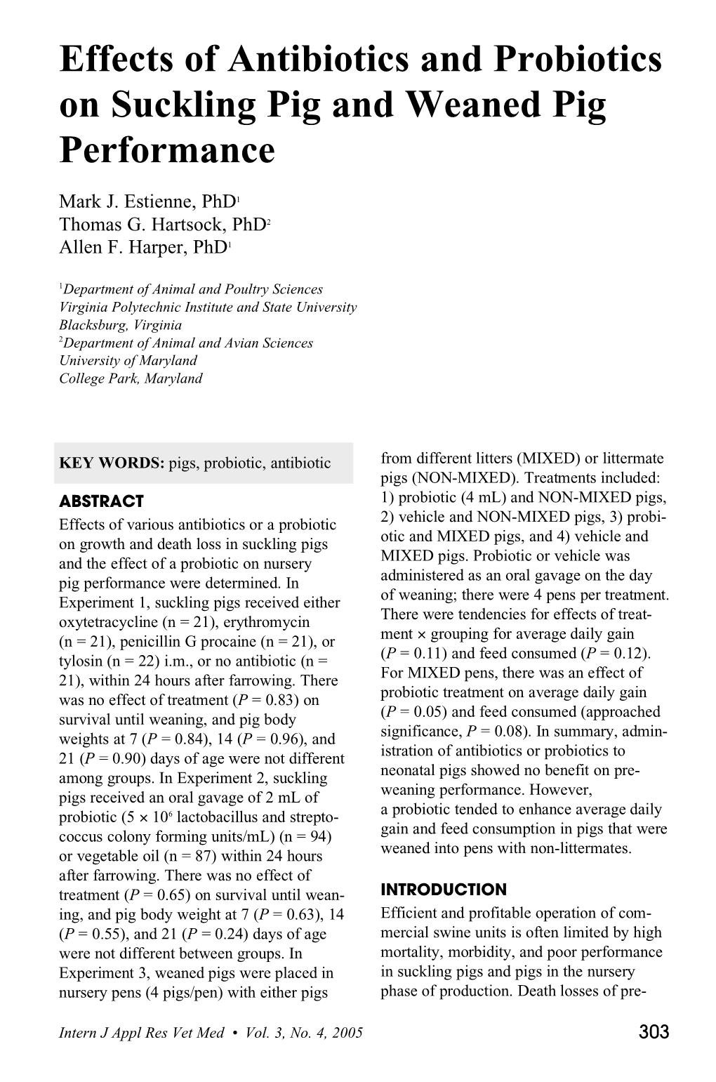 Effects of Antibiotics and Probiotics on Suckling Pig and Weaned Pig Performance