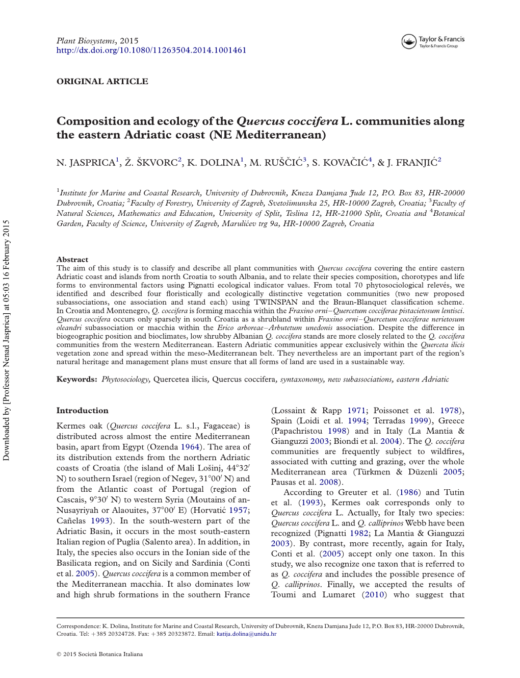 Composition and Ecology of the Quercus Coccifera L