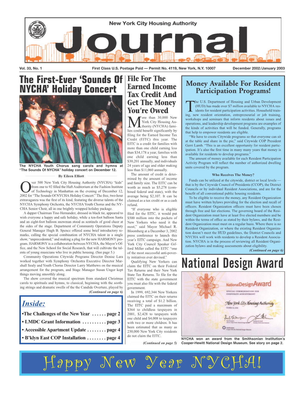 Happy New Year NYCHA! Page 2 the HOUSING AUTHORITY JOURNAL December 2002 /January 2003