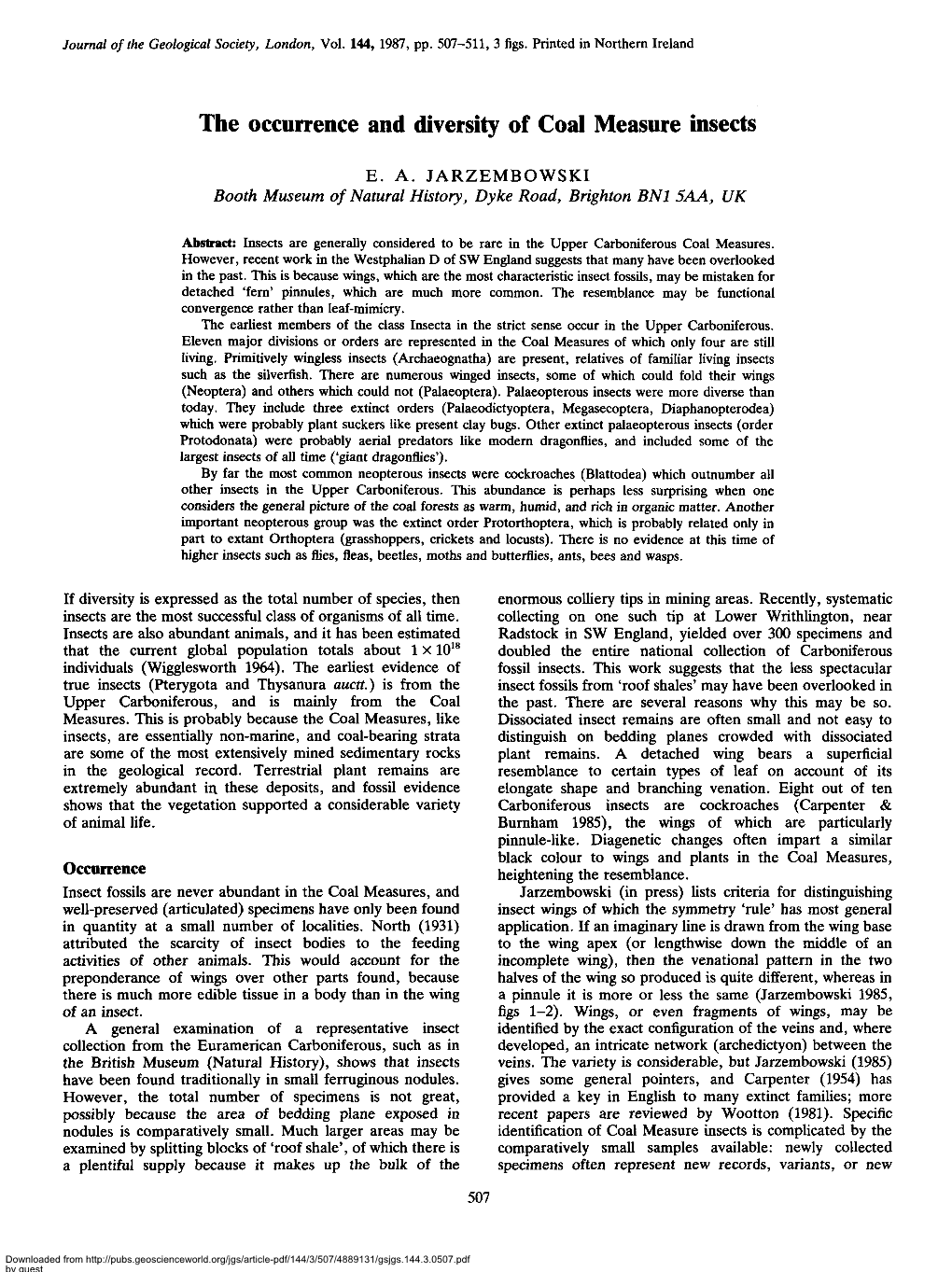 The Occurrence and Diversity of Coal Measure Insects