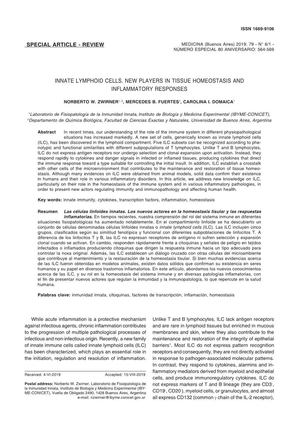 Review Innate Lymphoid Cells. New Players in Tissue