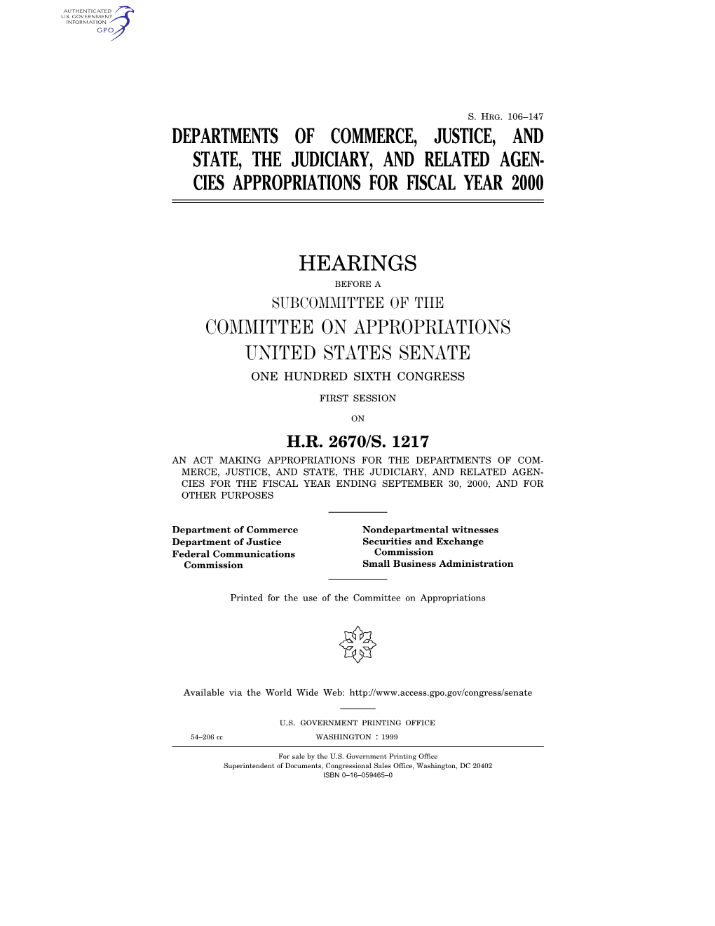 Cies Appropriations for Fiscal Year 2000 Hearings