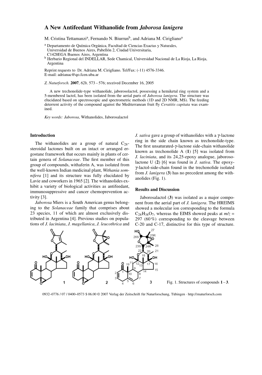 A New Antifeedant Withanolide from Jaborosa Lanigera