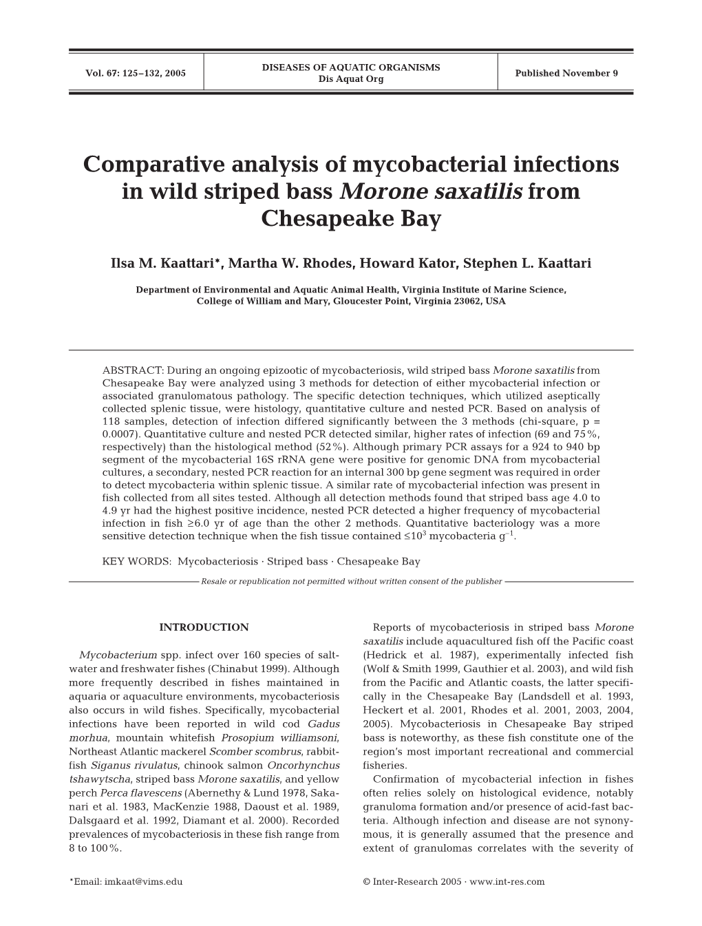 Comparative Analysis of Mycobacterial Infections in Wild Striped Bass Morone Saxatilis from Chesapeake Bay