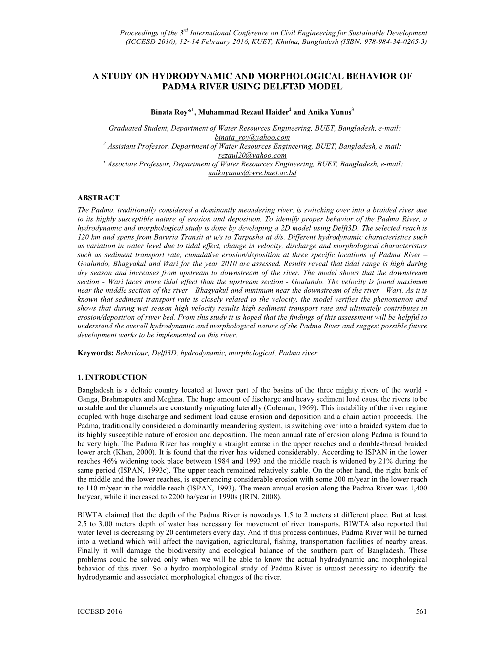 A Study on Hydrodynamic and Morphological Behaviour of Padma