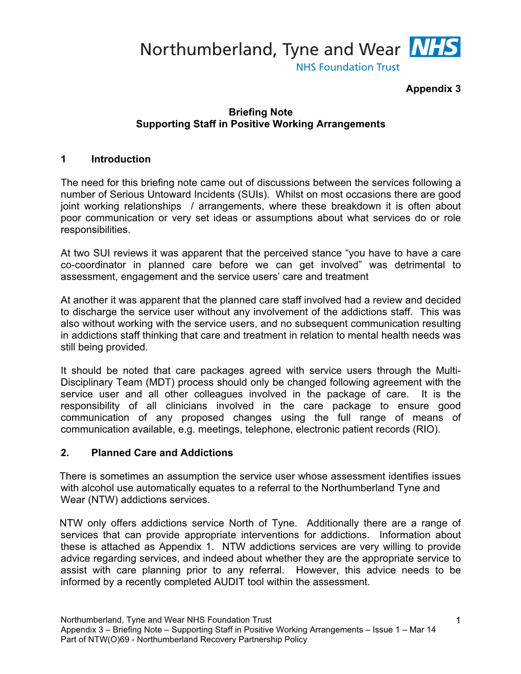 Appendix 3 Briefing Note Supporting Staff in Positive Working