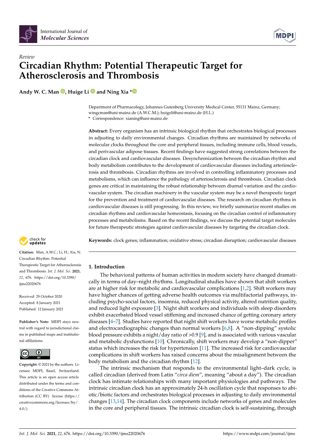 Circadian Rhythm: Potential Therapeutic Target for Atherosclerosis and Thrombosis