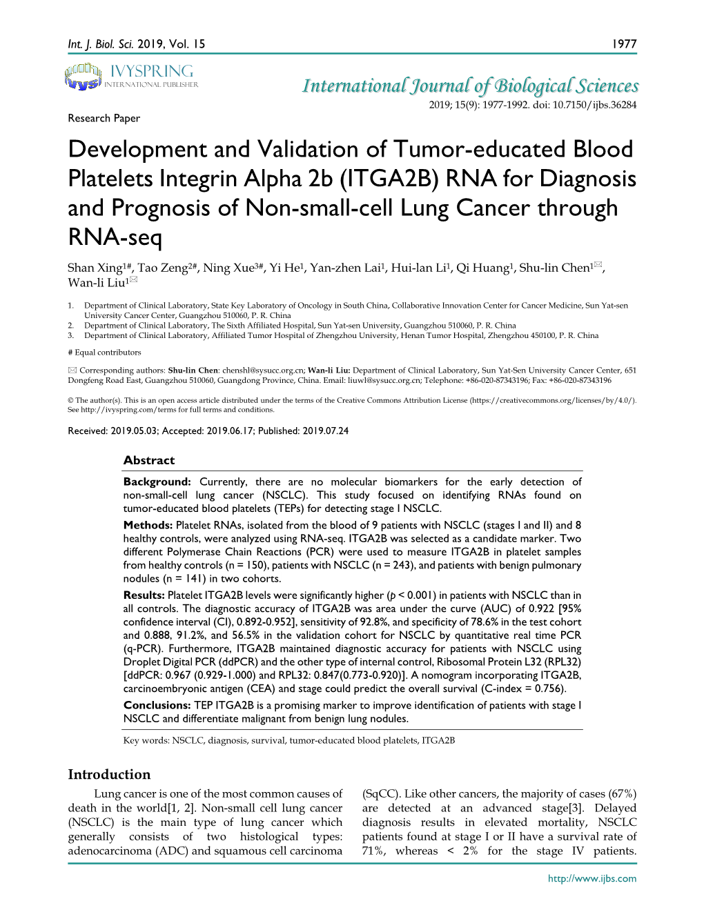 Development and Validation of Tumor-Educated Blood Platelets Integrin Alpha 2B