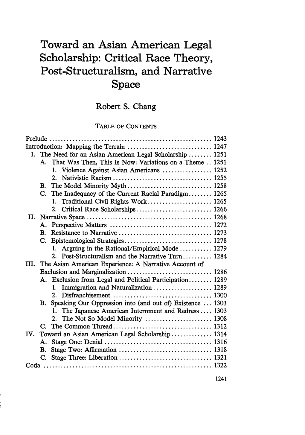 Toward an Asian American Legal Scholarship: Critical Race Theory, Post-Structuralism, and Narrative Space