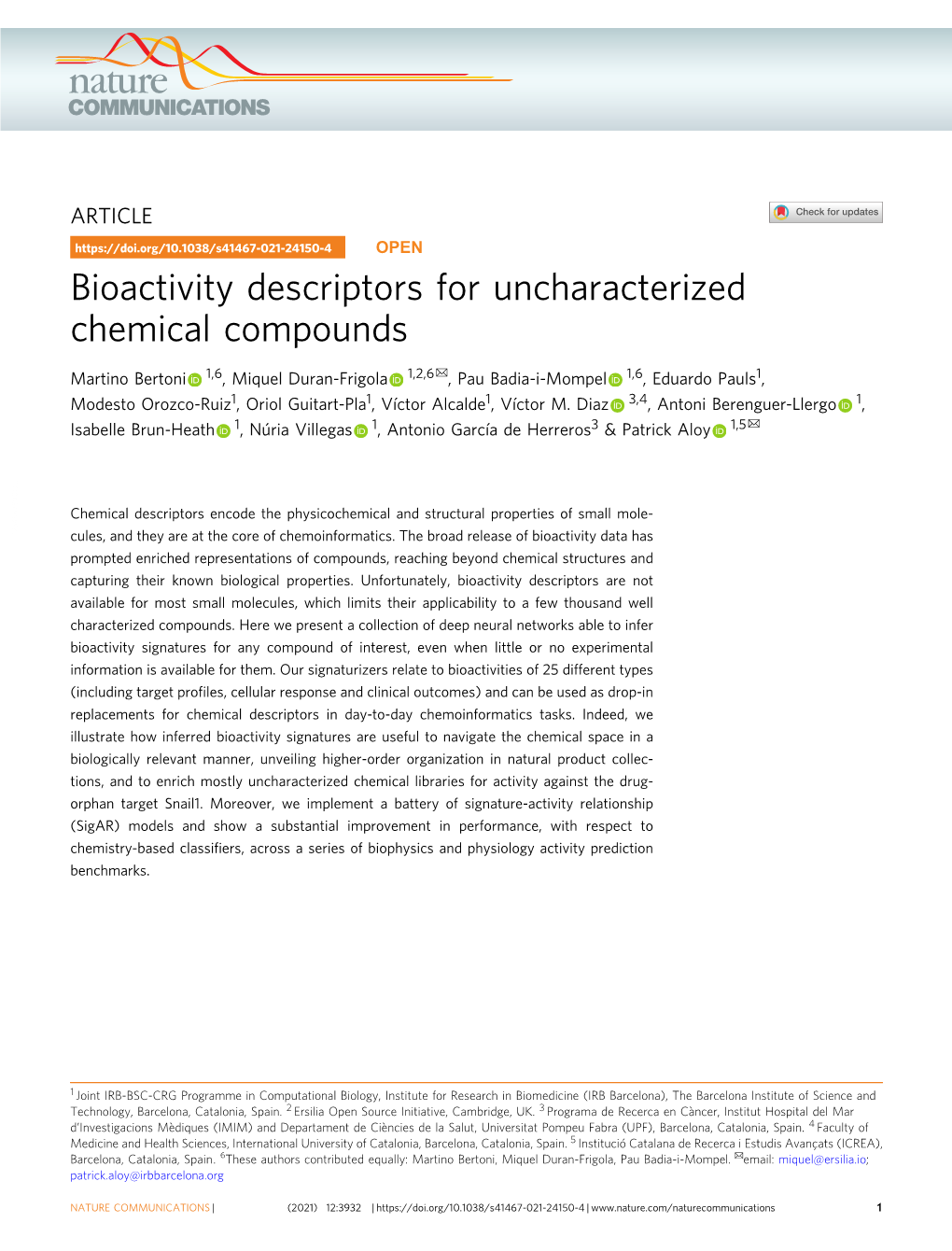 Bioactivity Descriptors for Uncharacterized Chemical Compounds