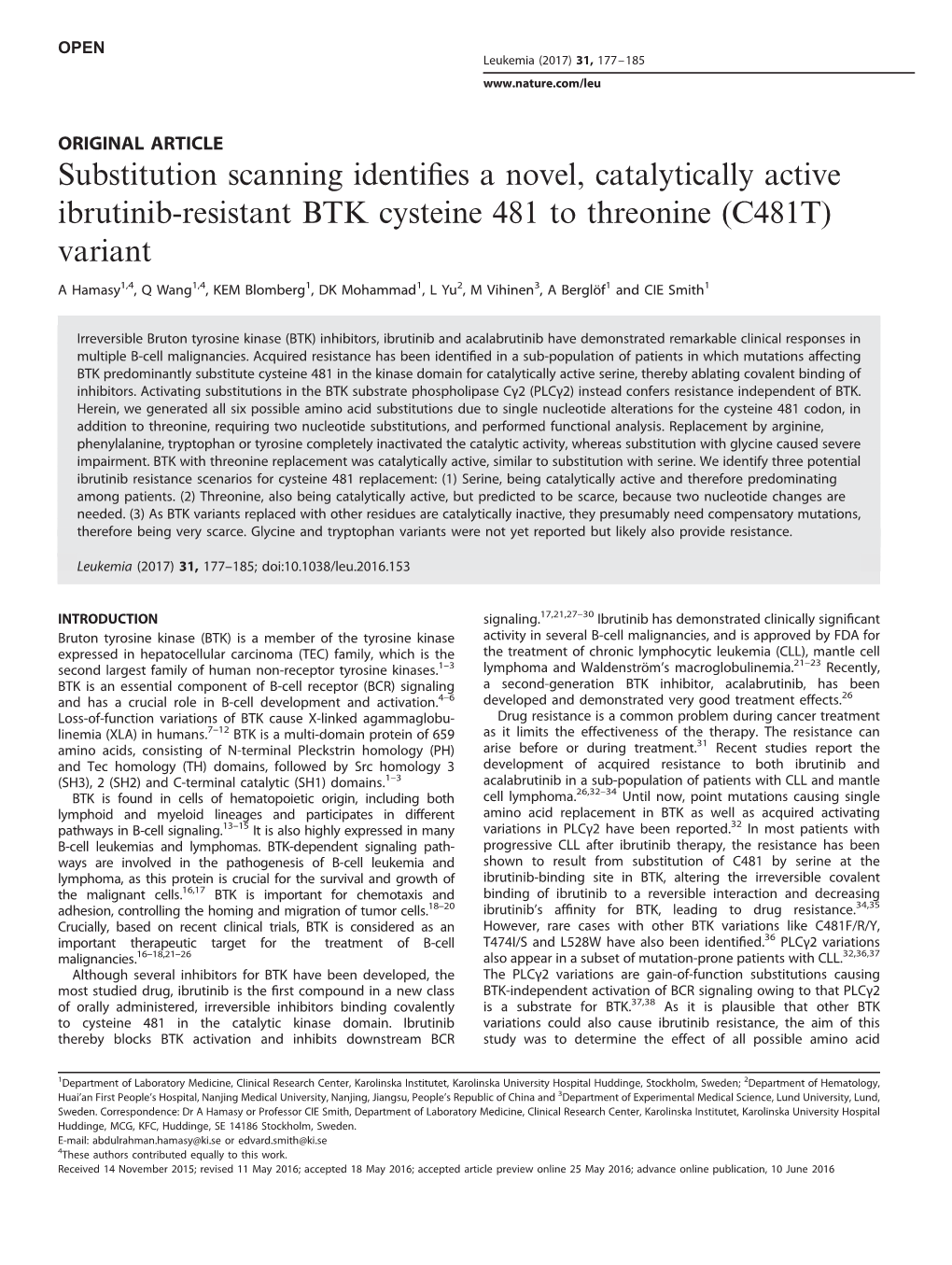 Substitution Scanning Identifies a Novel, Catalytically Active Ibrutinib