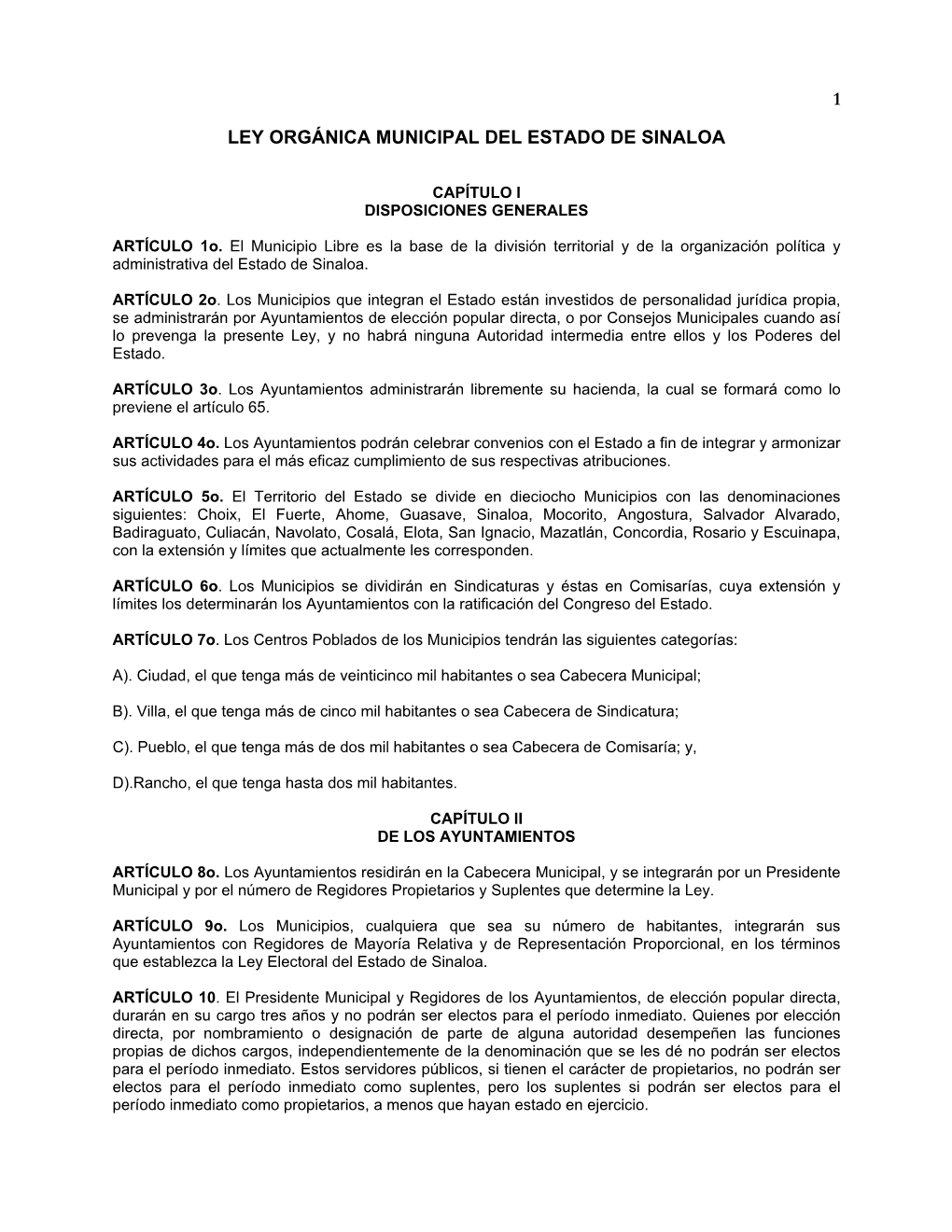 Ley Orgánica Municipal Del Estado De Sinaloa