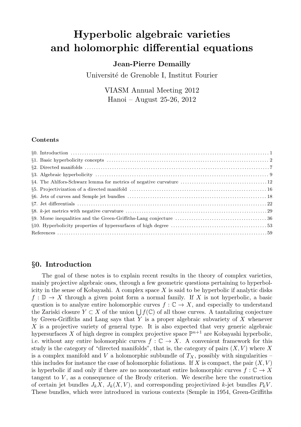 Hyperbolic Algebraic Varieties and Holomorphic Differential Equations