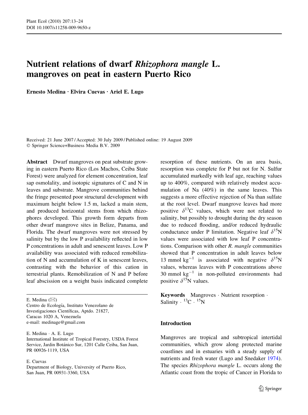 Nutrient Relations of Dwarf Rhizophora Mangle L. Mangroves on Peat in Eastern Puerto Rico