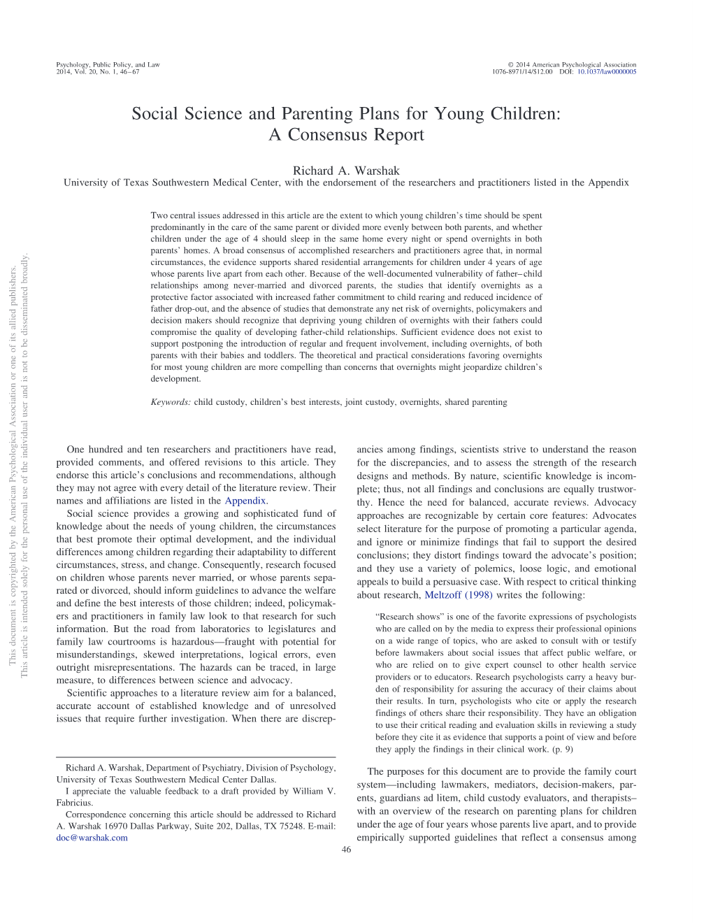 Social Science and Parenting Plans for Young Children: a Consensus Report