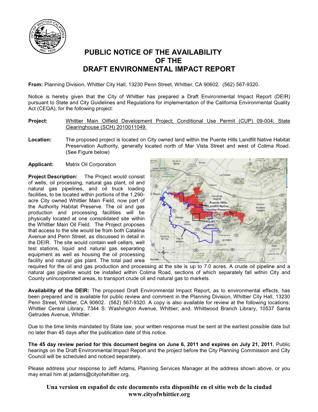 Public Notice of the Availability of the Draft Environmental Impact Report