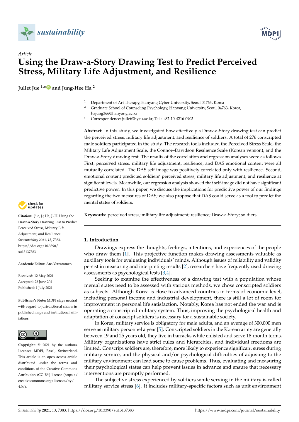 Using the Draw-A-Story Drawing Test to Predict Perceived Stress, Military Life Adjustment, and Resilience