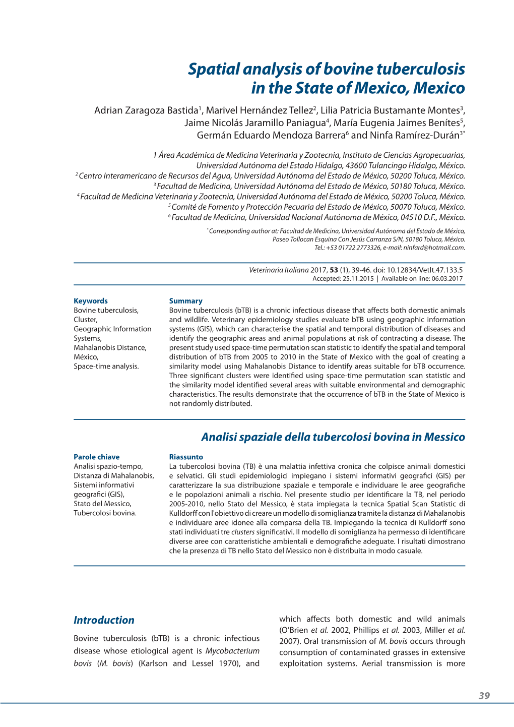 Spatial Analysis of Bovine Tuberculosis in the State of Mexico, Mexico