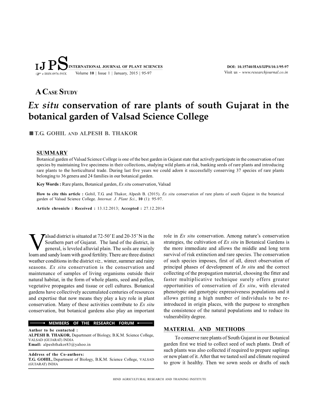 Ex Situ Conservation of Rare Plants of South Gujarat in the Botanical Garden of Valsad Science College