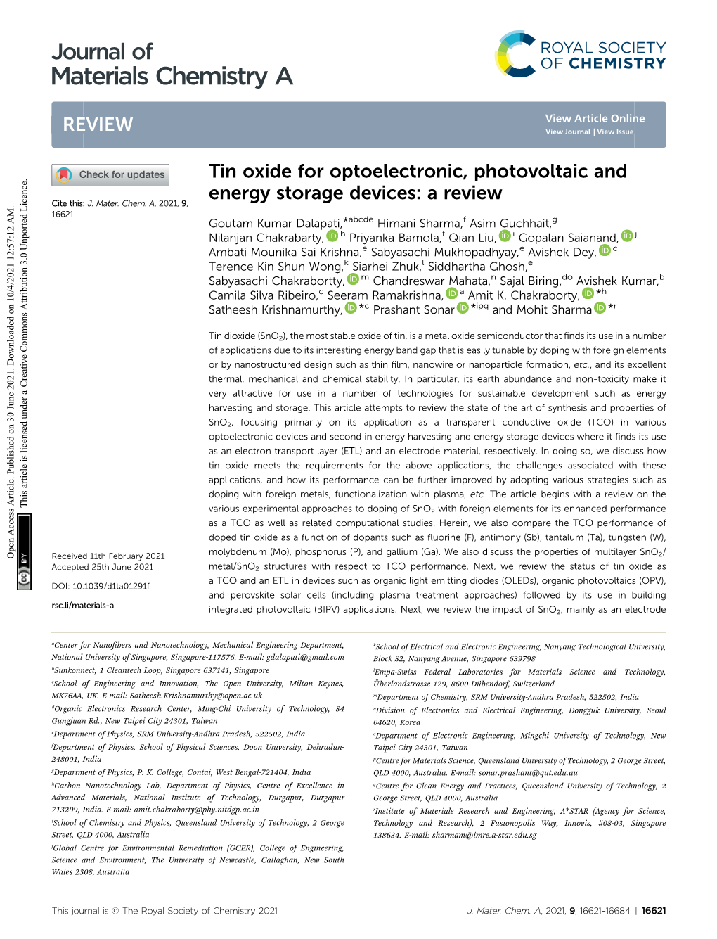 Tin Oxide for Optoelectronic, Photovoltaic and Energy Storage Devices: a Review Cite This: J