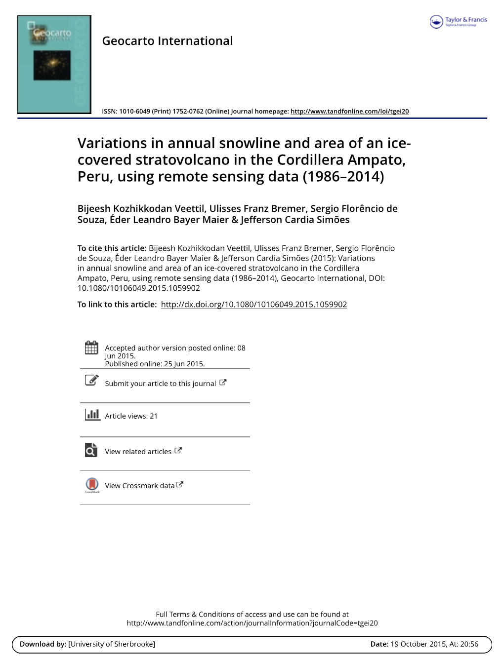 Covered Stratovolcano in the Cordillera Ampato, Peru, Using Remote Sensing Data (1986–2014)