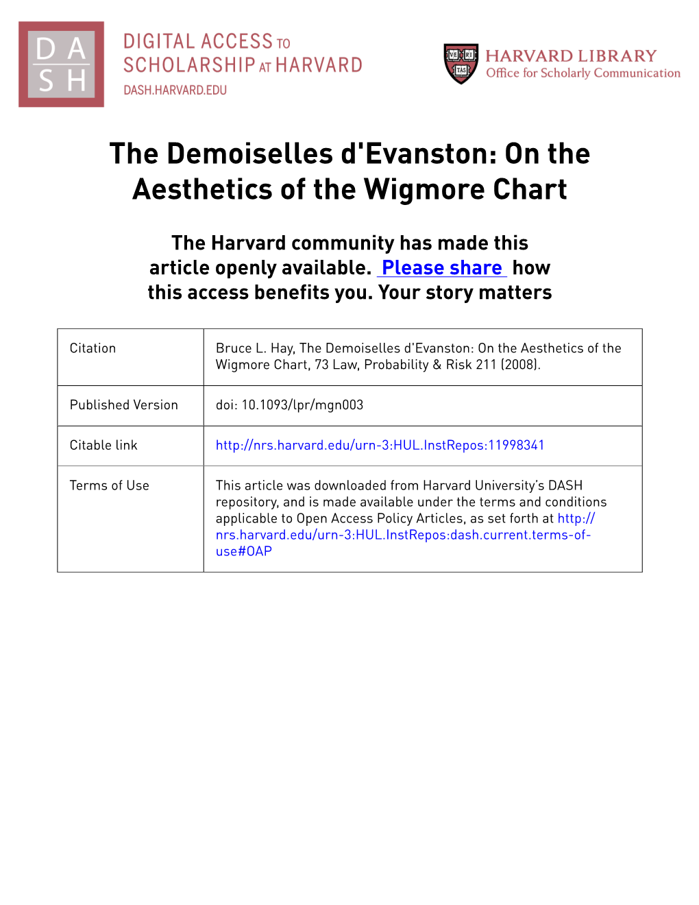 The Demoiselles D'evanston: on the Aesthetics of the Wigmore Chart