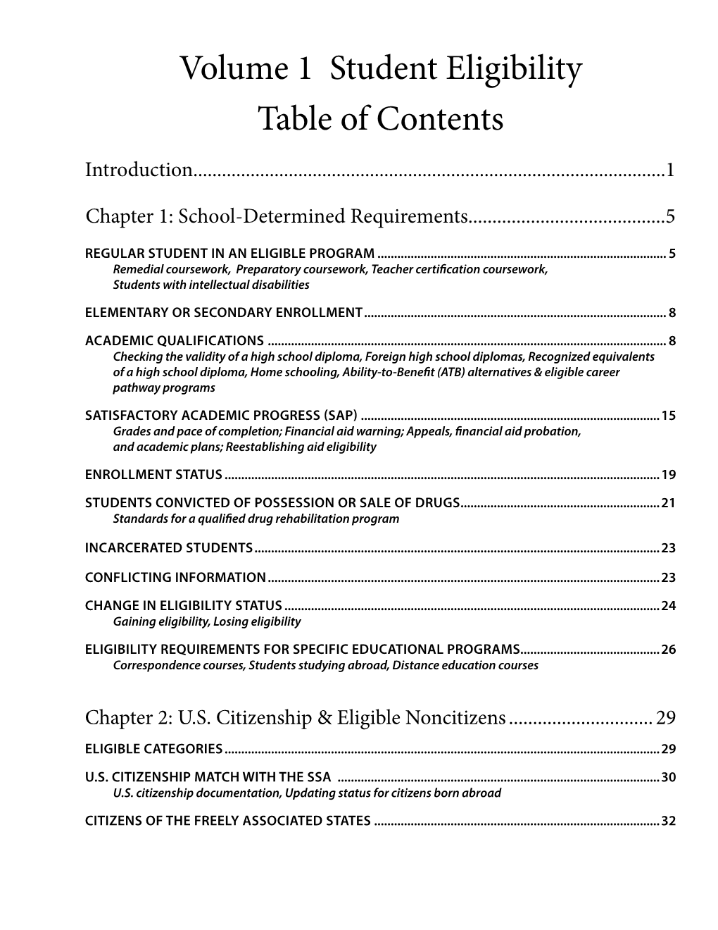 Volume 1 Student Eligibility Table of Contents Introduction