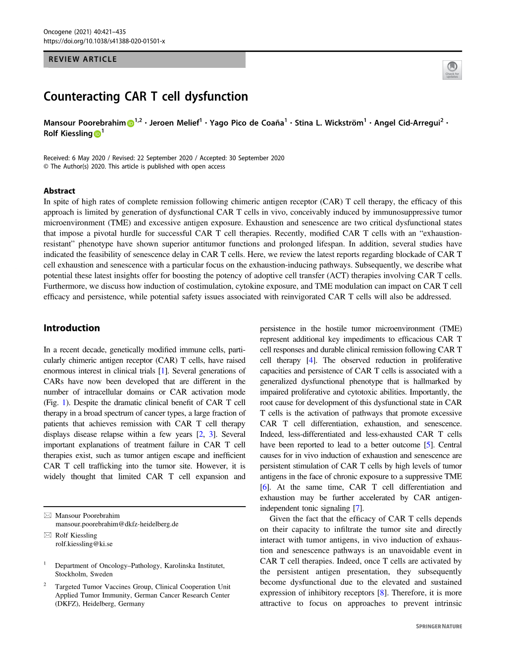 Counteracting CAR T Cell Dysfunction