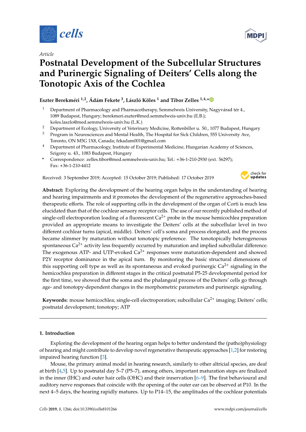 Postnatal Development of the Subcellular Structures and Purinergic Signaling of Deiters’ Cells Along the Tonotopic Axis of the Cochlea