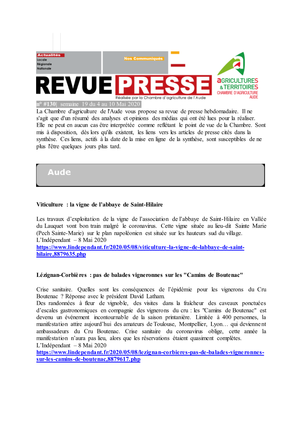 Revue De Presse Semaine 19 Du 08/05 Au 14/05