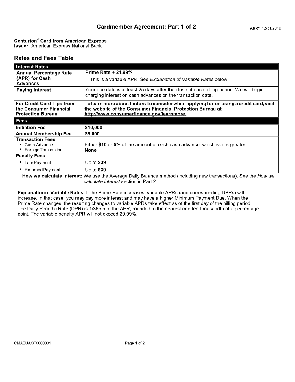 Cardmember Agreement: Part 1 of 2 Rates and Fees Table