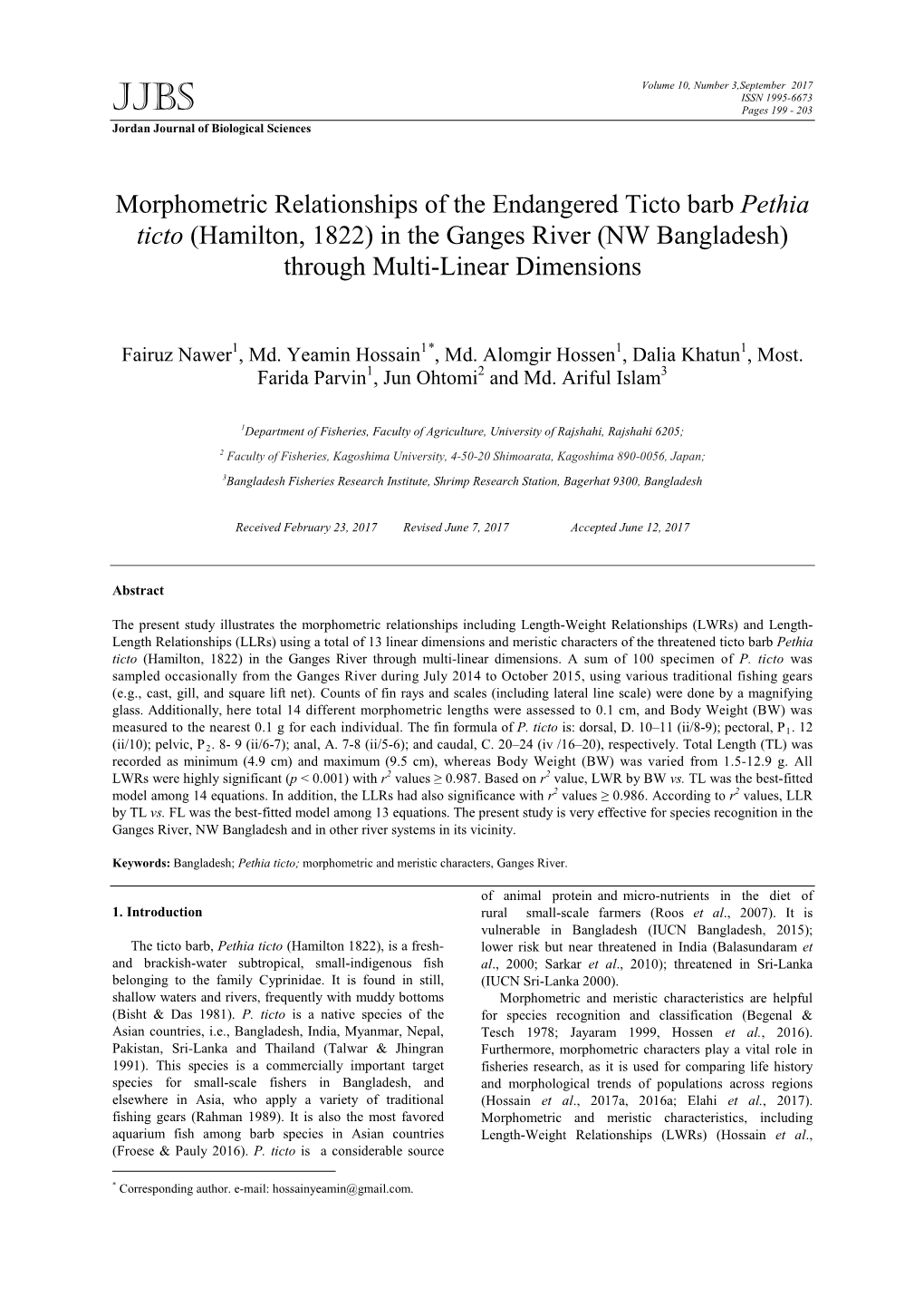 Morphometric Relationships of the Endangered Ticto Barb Pethia Ticto (Hamilton, 1822) in the Ganges River (NW Bangladesh) Through Multi-Linear Dimensions