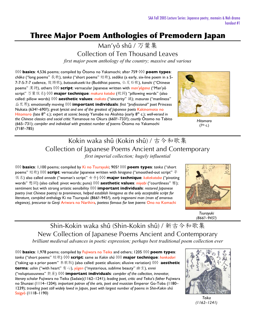 Three Major Poem Anthologies of Premodern Japan Man’Yô Shû / ჈ᅝୠ Collection of Ten Thousand Leaves First Major Poem Anthology of the Country; Massive and Various